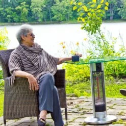 Ener-G+ Square Bistro-Style Infrared Table Heater -FRIGIDAIRE Sales Shop energ plus hea 1575j67l 2 bar table outdoor heater lifestyle