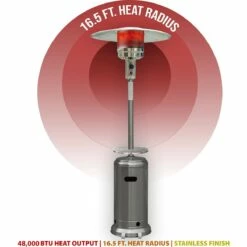 Hanover 48,000 BTU Umbrella Propane Patio Heater - Stainless Steel -FRIGIDAIRE Sales Shop hanover han003ss 48000 btu umbrella patio heater stainless steel heating radius graphic