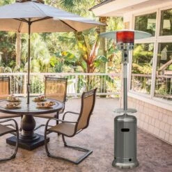 Hanover 48,000 BTU Umbrella Propane Patio Heater - Stainless Steel -FRIGIDAIRE Sales Shop hanover han003ss 48000 btu umbrella patio heater stainless steel lifestyle
