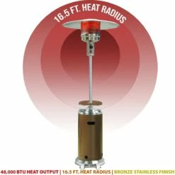 Hanover 48,000 BTU Steel Umbrella Propane Patio Heater - Bronze/Stainless Steel -FRIGIDAIRE Sales Shop hanover steel umbrella propane patio heater bronze han002brss heating radius graphic