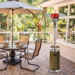 Hanover 48,000 BTU Steel Umbrella Propane Patio Heater - Bronze/Stainless Steel -FRIGIDAIRE Sales Shop hanover steel umbrella propane patio heater bronze han002brss lifestyle
